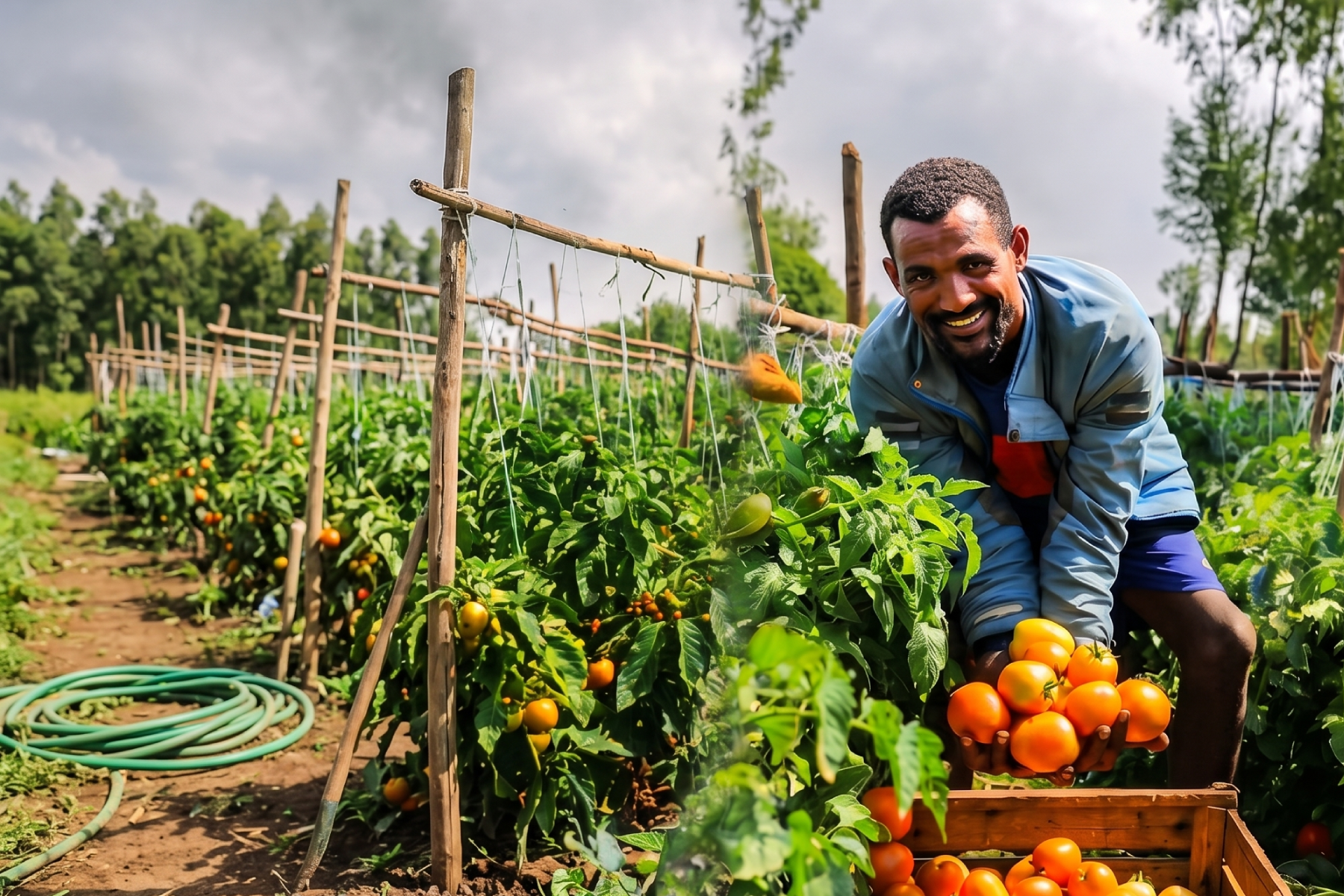 Ethiopian farmer cultivating crops in an agricultural field